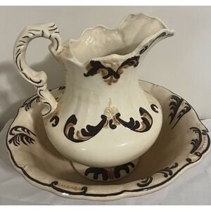 Pitcher With Basin Brown& Cream